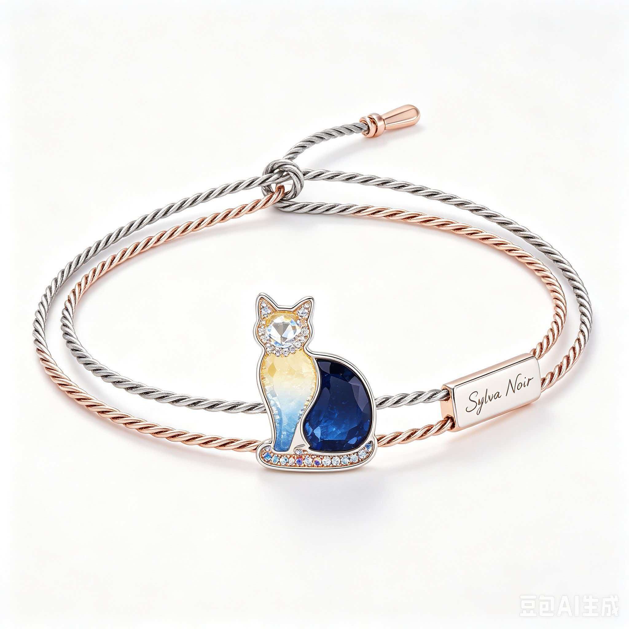 18K Gold Night Sky Cat Bangle, Adjustable Two-Tone Gift