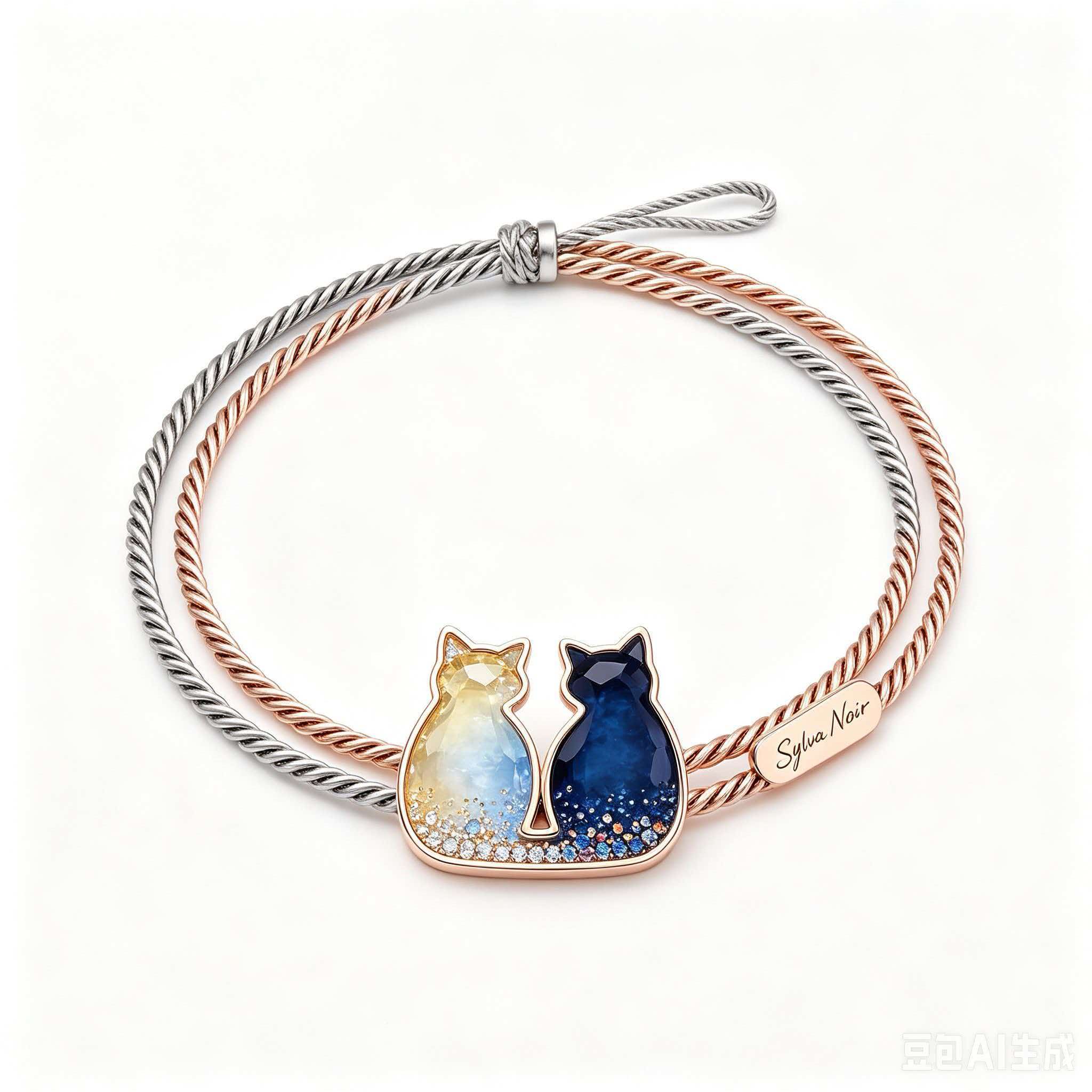 Night Sky Cat Bangle: 18K Gold Gemstone Two-Tone Adjustable