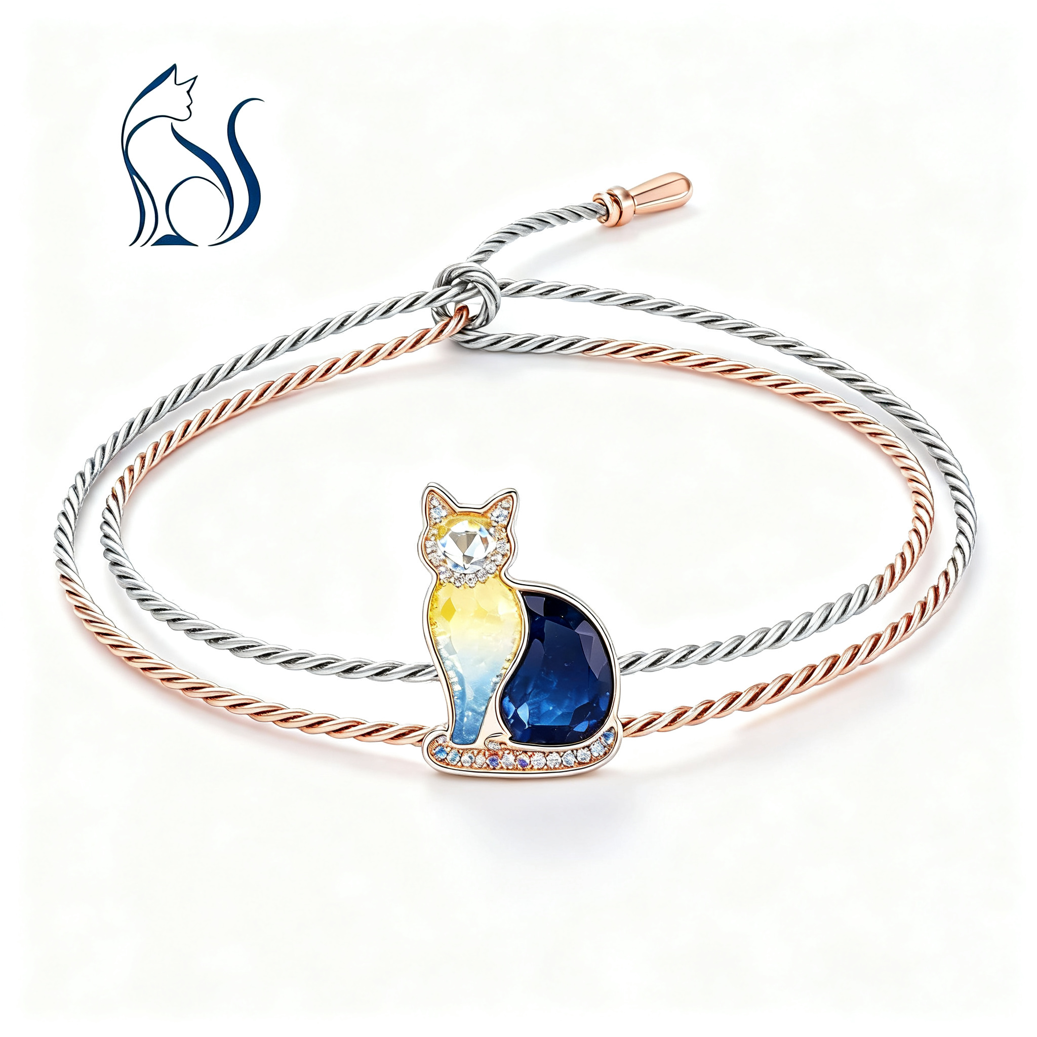18K Gold Night Sky Cat Bangle, Adjustable Two-Tone Gift