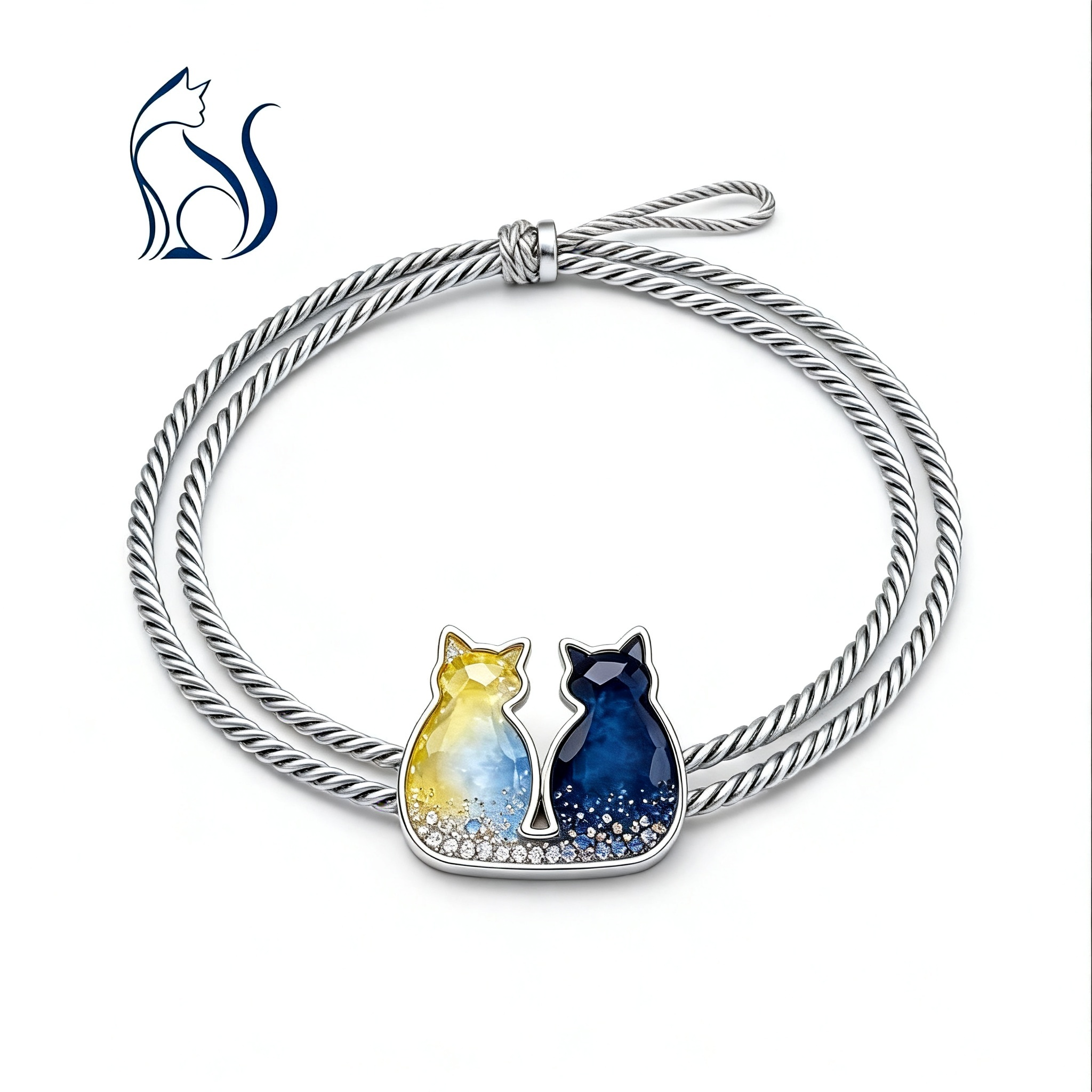 Night Sky Cat Bangle: 18K Gold Gemstone Two-Tone Adjustable