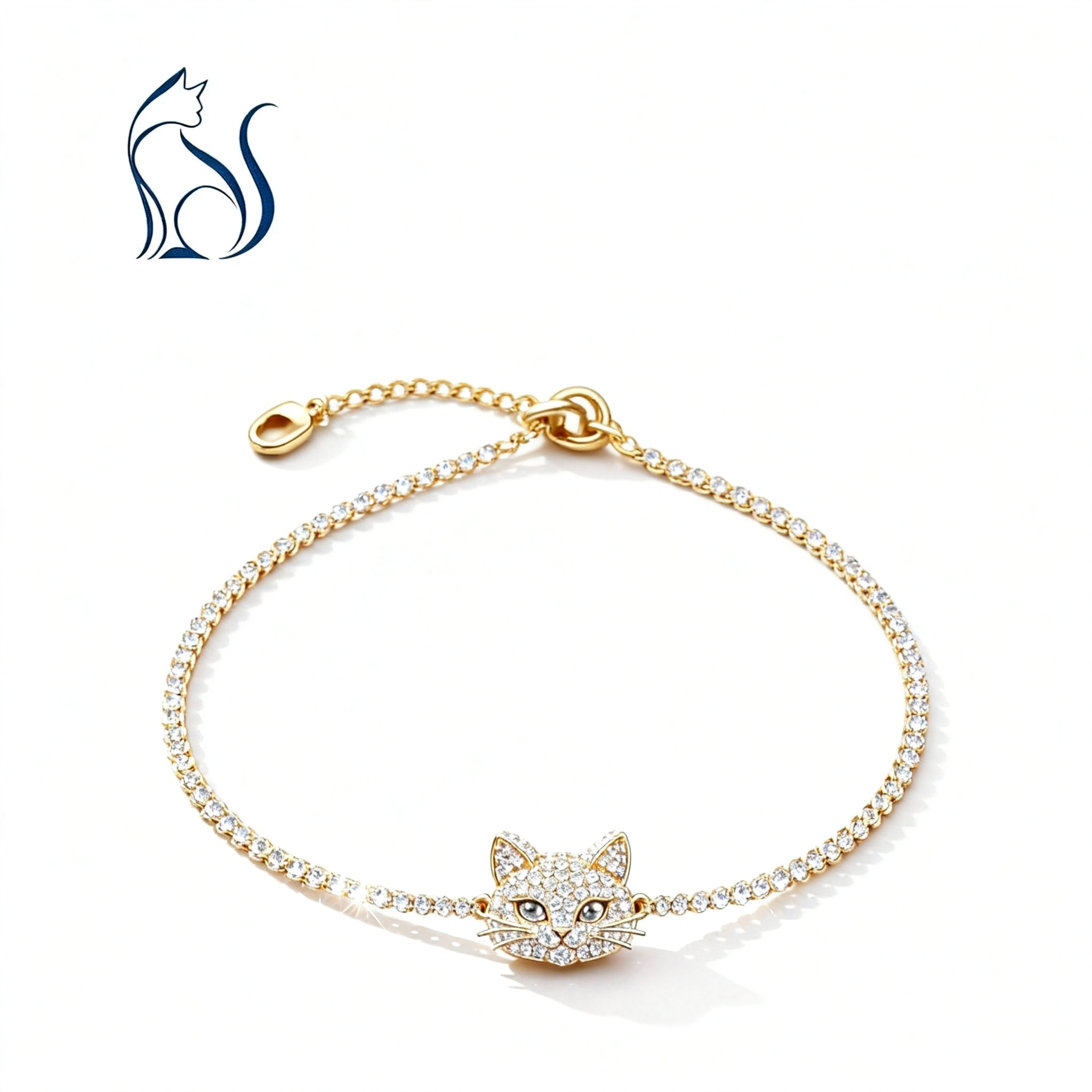 18K Gold Inlaid Sparkling Diamond Cat Design Adjustable Bracelet